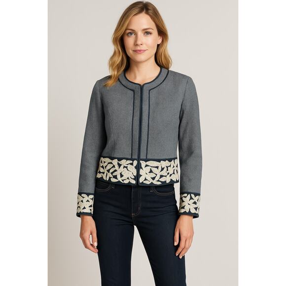 SUNDANCE Herringbone gray/dark teal blazer w/velour, appliqué & beading size 16 - Picture 1 of 6